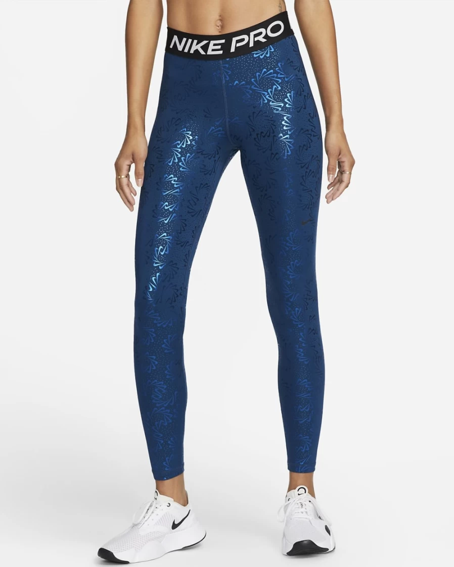 Nike Pro Women's Mid-Rise Leggings - Valerian Blue/Black Allover Print Training Tights