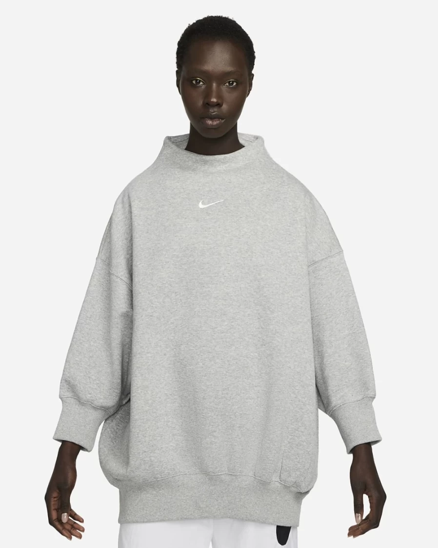 Nike Women's Dark Grey Heather Oversized Mock Neck 3/4 Sleeve Fleece Sweatshirt | Sportswear Phoenix Fleece
