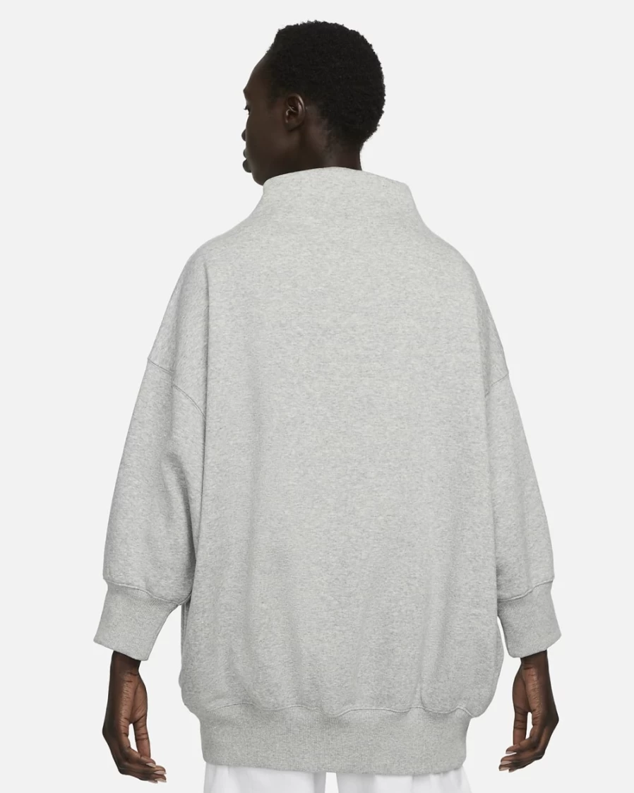 Nike Women's Dark Grey Heather Oversized Mock Neck 3/4 Sleeve Fleece Sweatshirt | Sportswear Phoenix Fleece