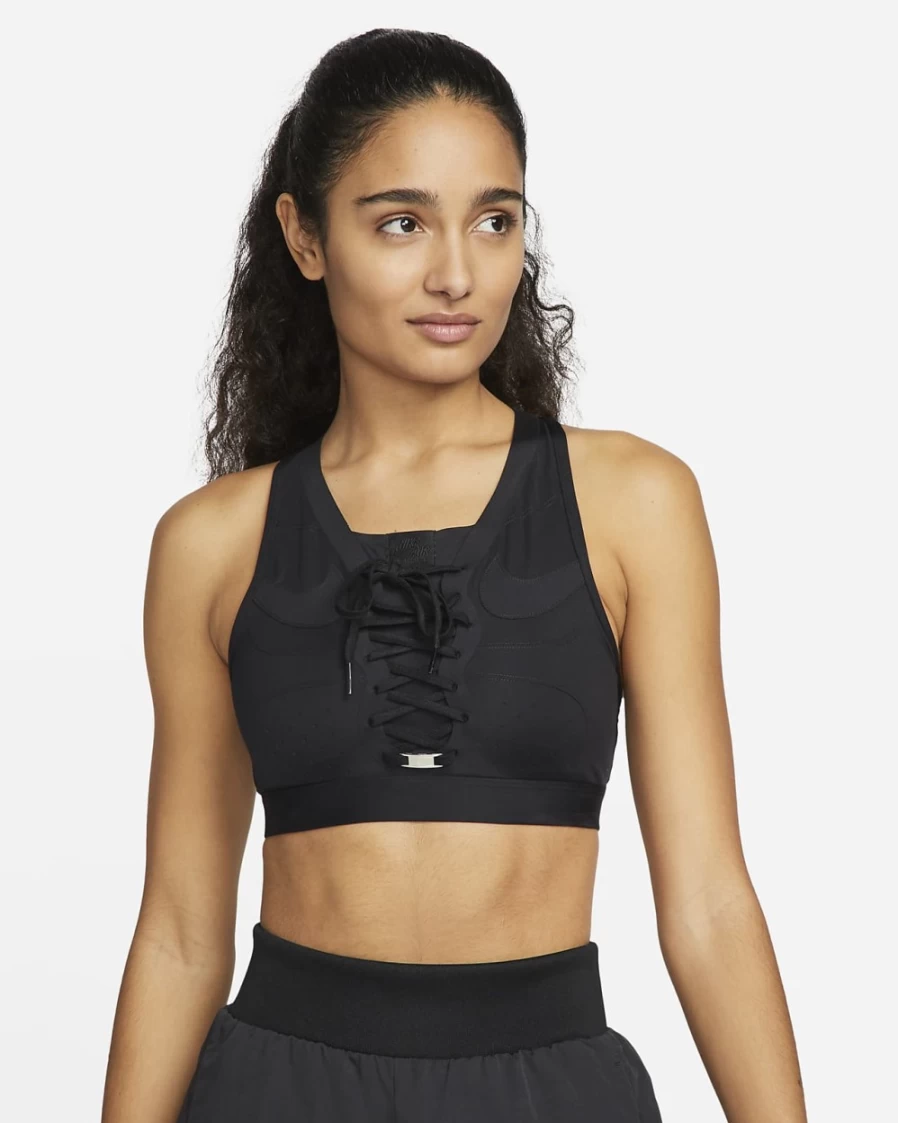 Nike Women's Air Force 1 Swoosh Medium-Support Laced Sports Bra in Black/Black