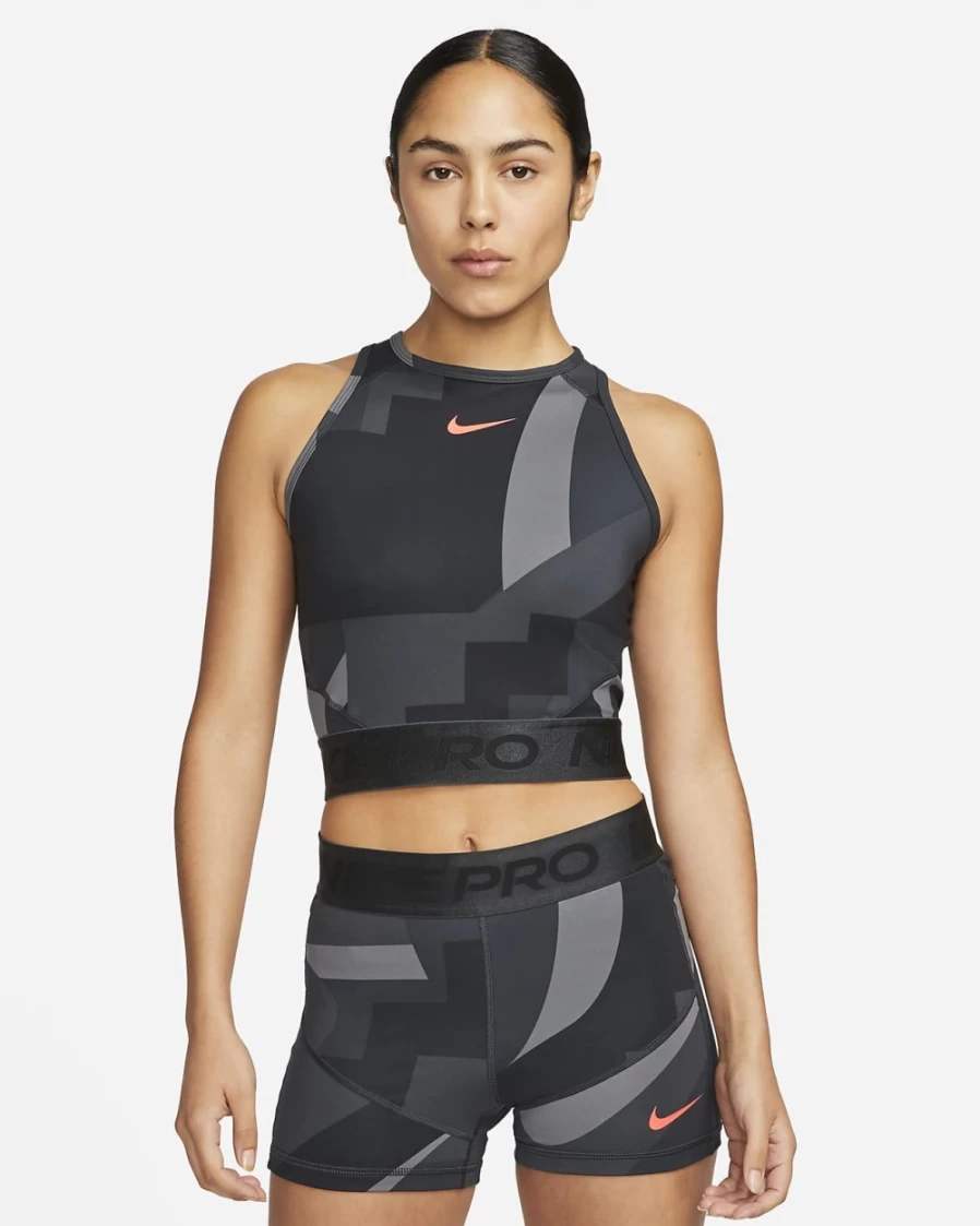Nike Pro Dri-FIT Women's Cropped Workout Tank Top - Black, Dark Smoke Grey, Bright Crimson Fitness Apparel