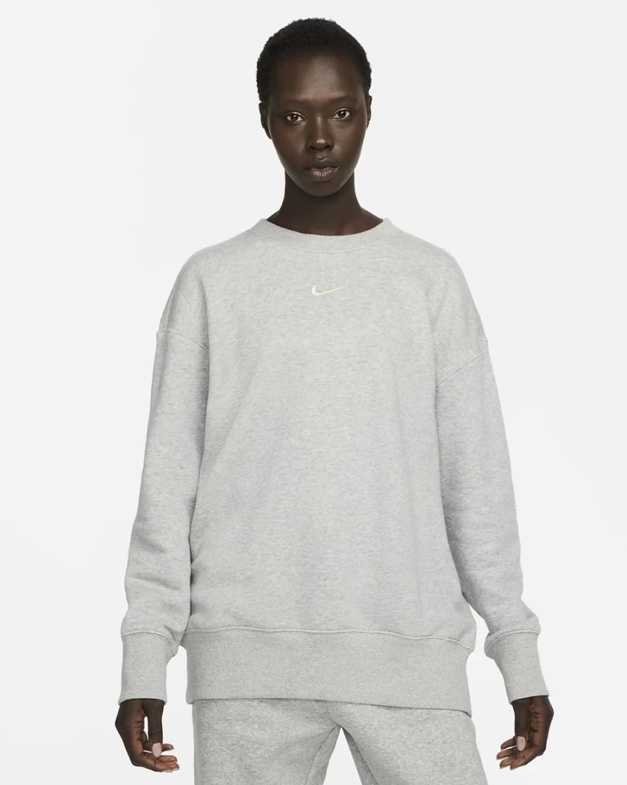 Nike Women's Dark Grey Heather Oversized Phoenix Fleece Crewneck Sweatshirt | Sail Logo | Sportswear Collection