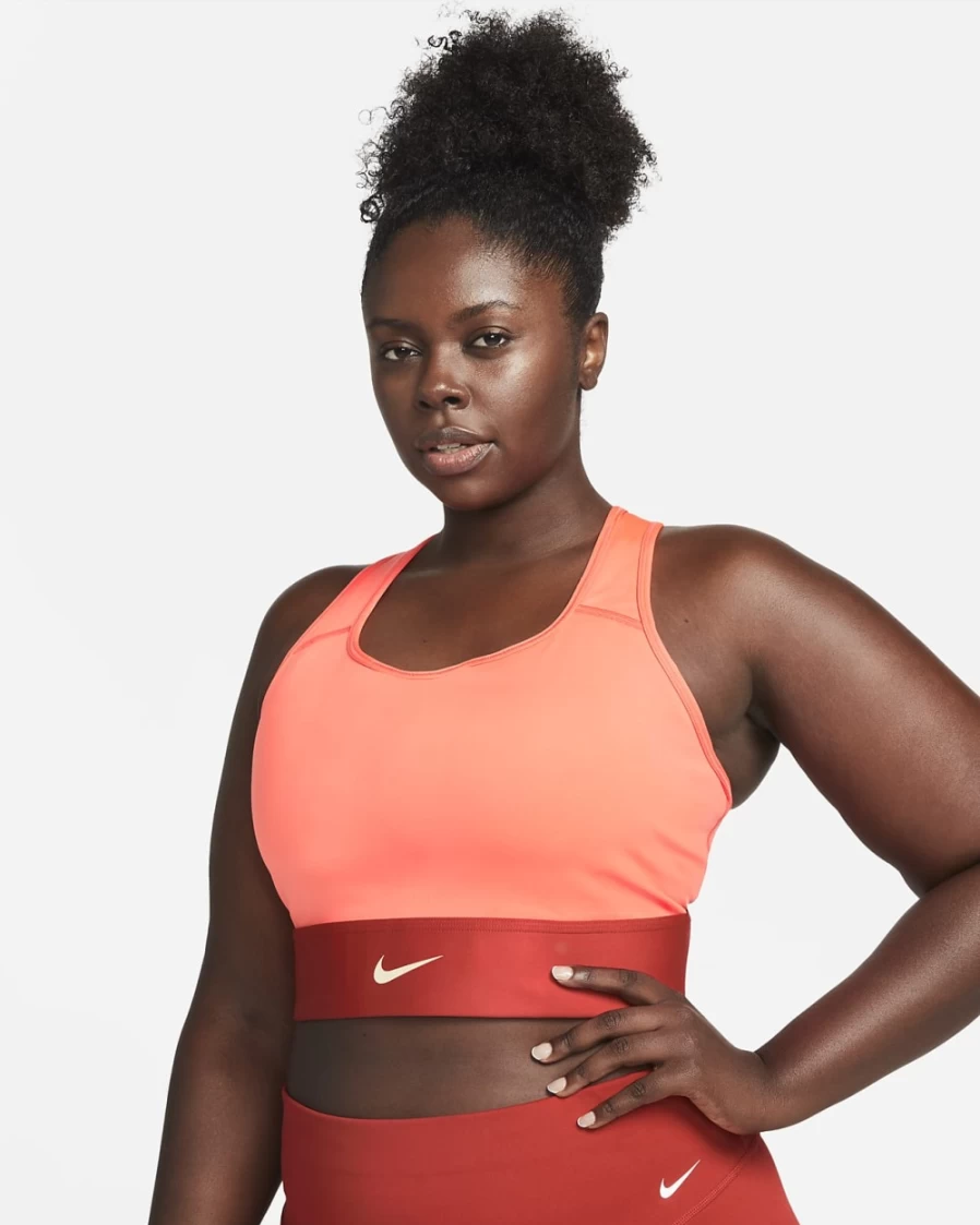 Nike Swoosh Women's Plus Size Medium-Support Longline Sports Bra in Bright Crimson/Cinnabar/Sanddrift - Padded 1-Piece Workout Top