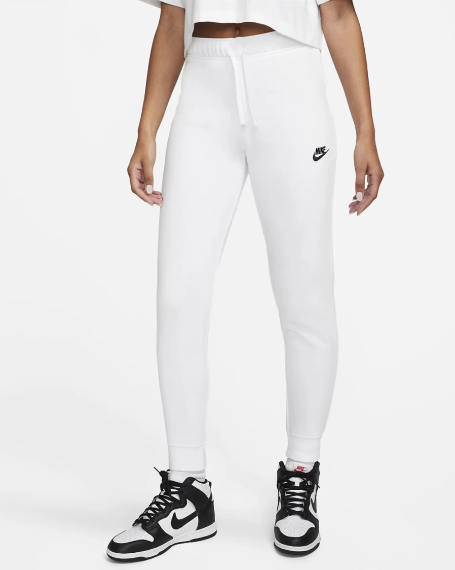 Nike Women's Sportswear Club Fleece Slim Joggers Pants - White/Black Mid-Rise Workout Running Lounge