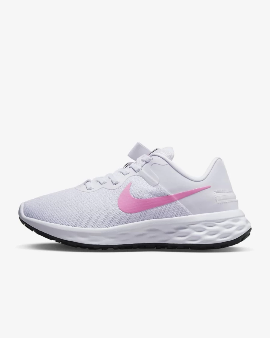 Nike Revolution 6 FlyEase Next Nature Women's Road Running Shoes - White/Fossil Stone/Black/Pink Spell, Easy On/Off Design
