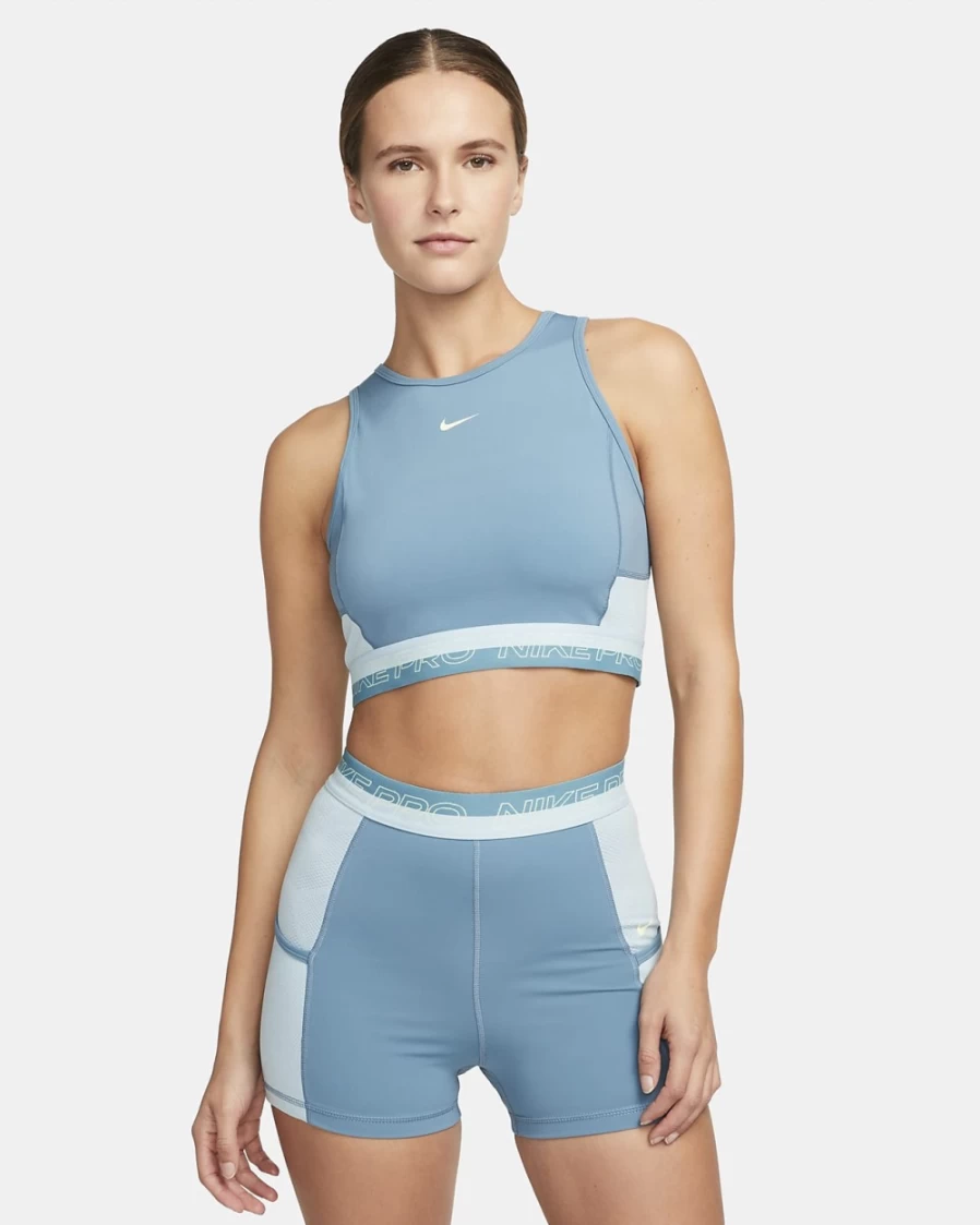 Nike Women's Pro Dri-FIT Cropped Workout Tank Top in Noise Aqua/Ocean Bliss/Citron Tint - Moisture-Wicking Fitness Apparel