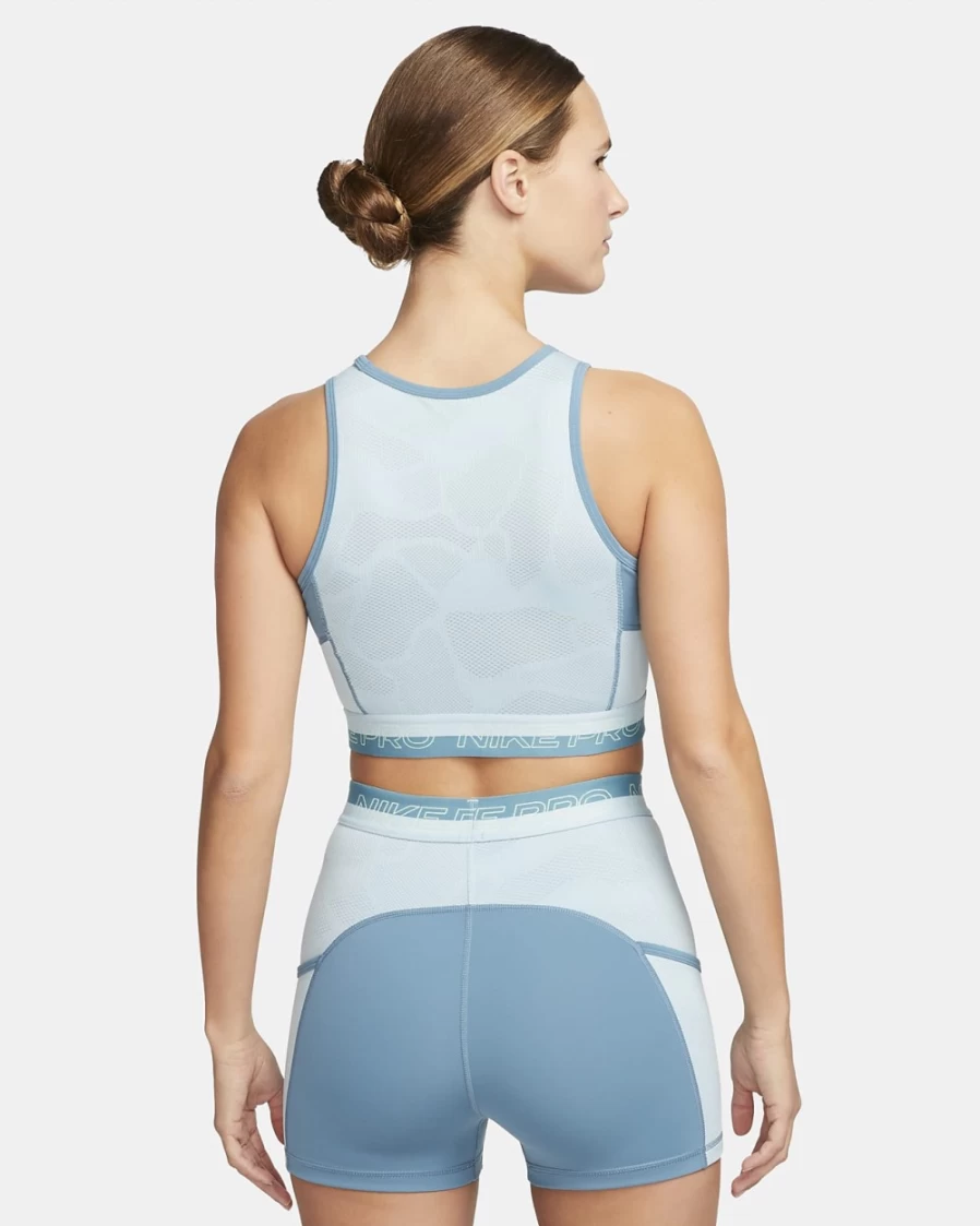 Nike Women's Pro Dri-FIT Cropped Workout Tank Top in Noise Aqua/Ocean Bliss/Citron Tint - Moisture-Wicking Fitness Apparel