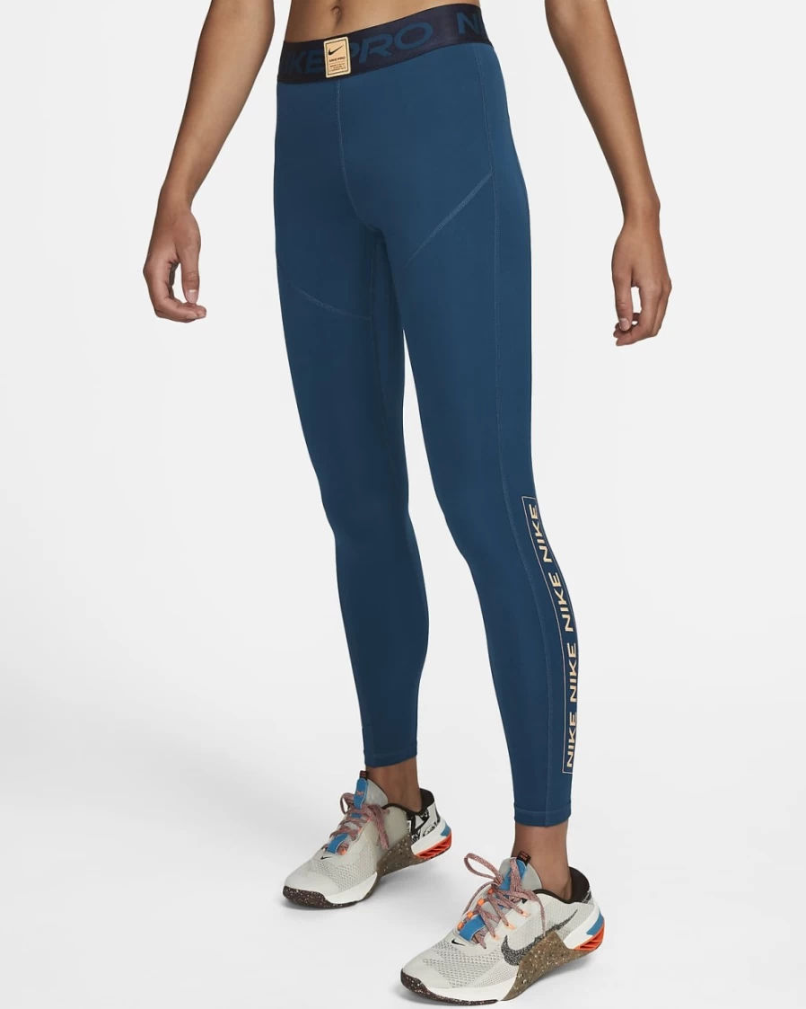 Nike Pro Women's High-Waisted Leggings - Valerian Blue/Obsidian/Peach Cream Graphic Print Fitness Tights