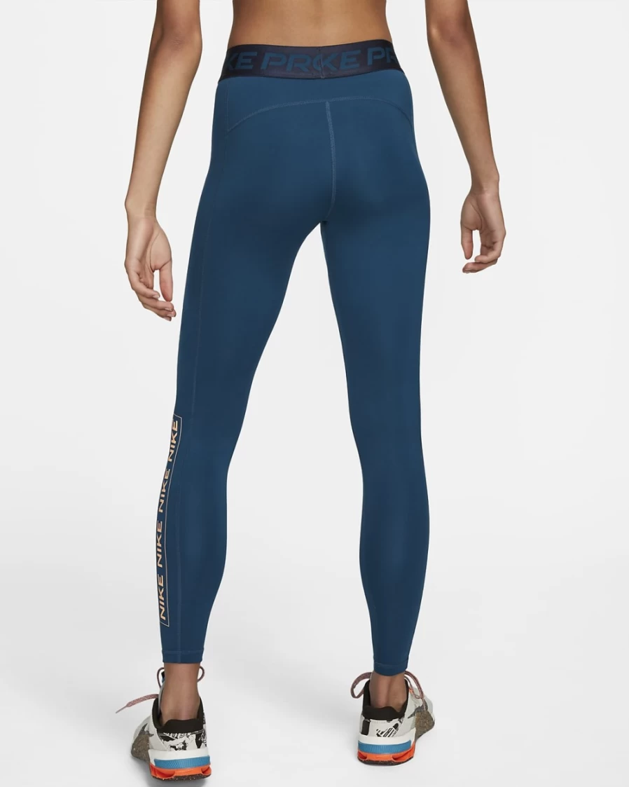 Nike Pro Women's High-Waisted Leggings - Valerian Blue/Obsidian/Peach Cream Graphic Print Fitness Tights