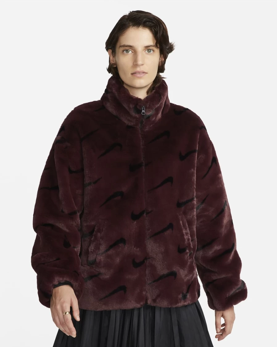 Nike Women's Burgundy Crush Plush Faux Fur Jacket - Sportswear Printed Coat