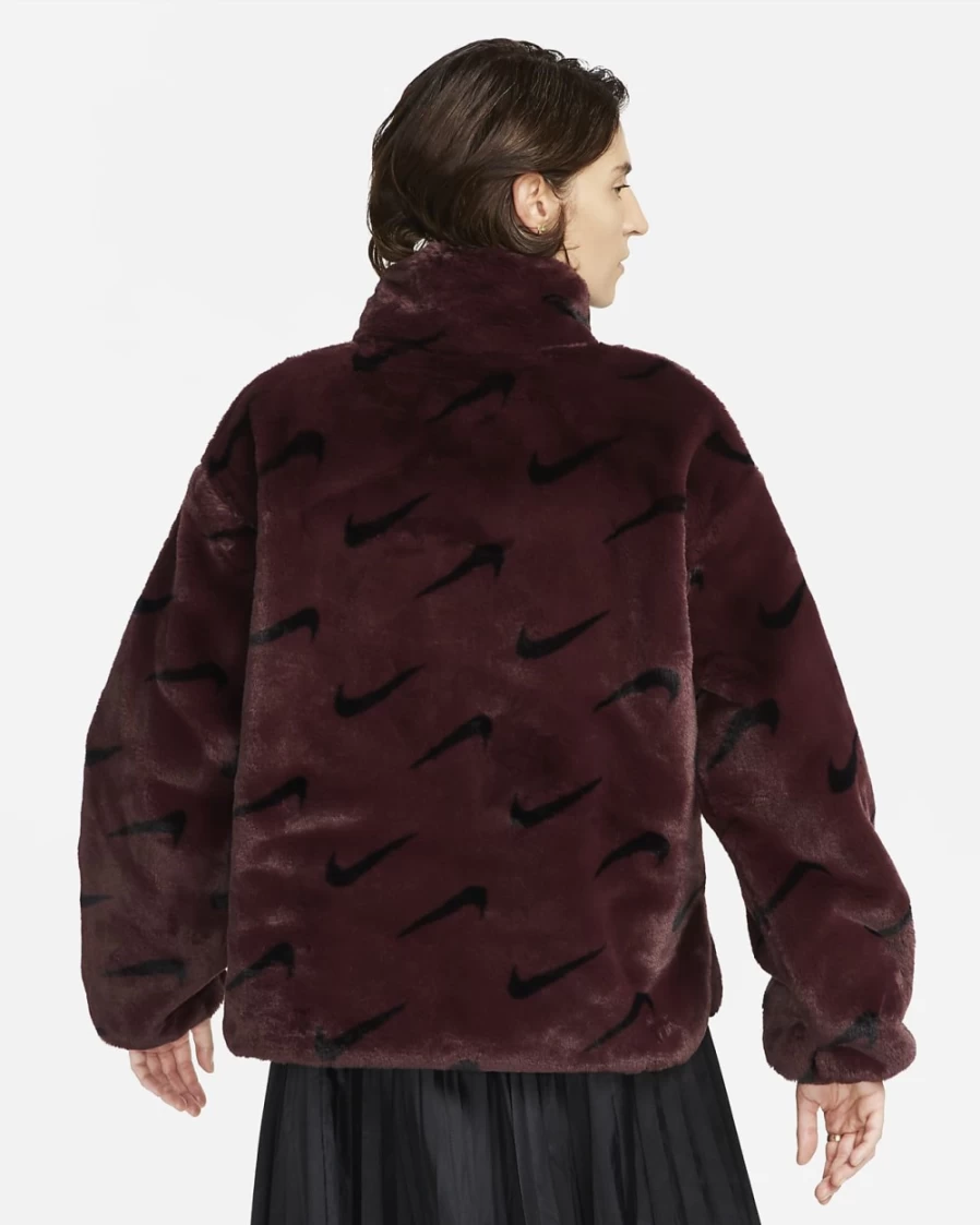 Nike Women's Burgundy Crush Plush Faux Fur Jacket - Sportswear Printed Coat