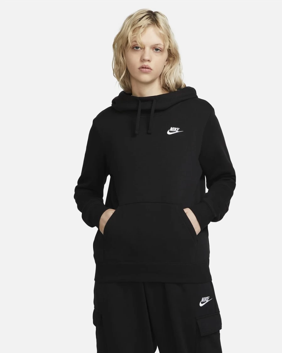 Nike Women's Sportswear Club Fleece Hoodie - Black/White Funnel-Neck Pullover