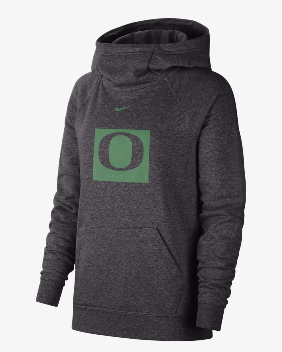 Nike Women's Off Noir Apple Green Oregon College Essential Funnel Neck Hoodie Sweatshirt