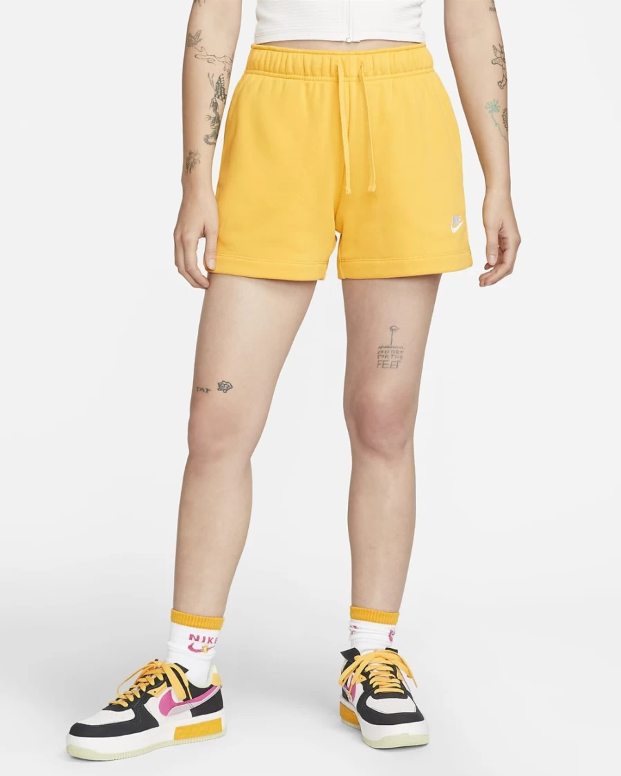 Nike Women's Yellow Ochre & White Club Fleece Mid-Rise Sportswear Shorts