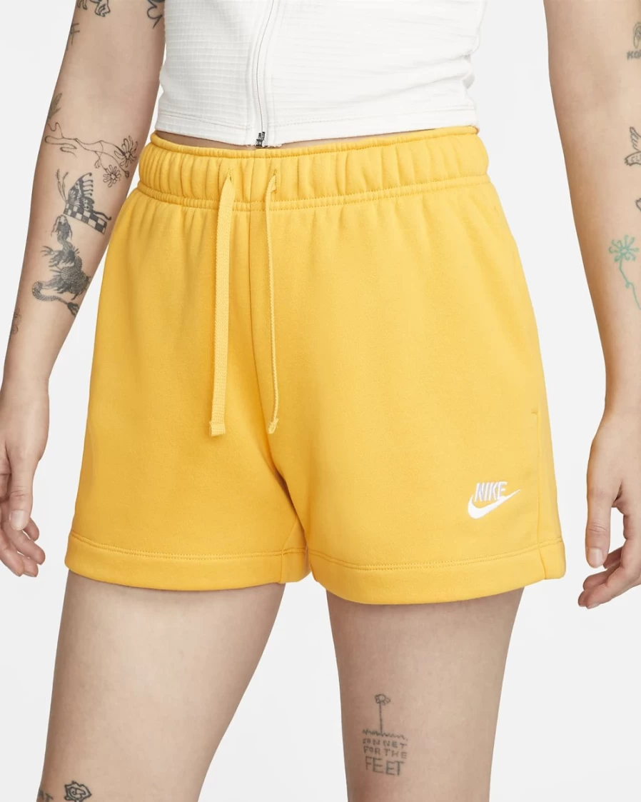 Nike Women's Yellow Ochre & White Club Fleece Mid-Rise Sportswear Shorts