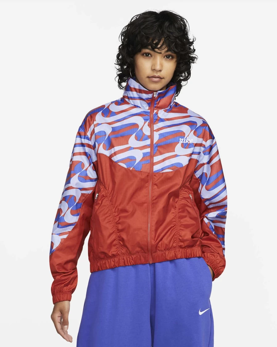 Nike Women's Cinnabar Lapis White Woven Allover Print Icon Clash Jacket Sportswear