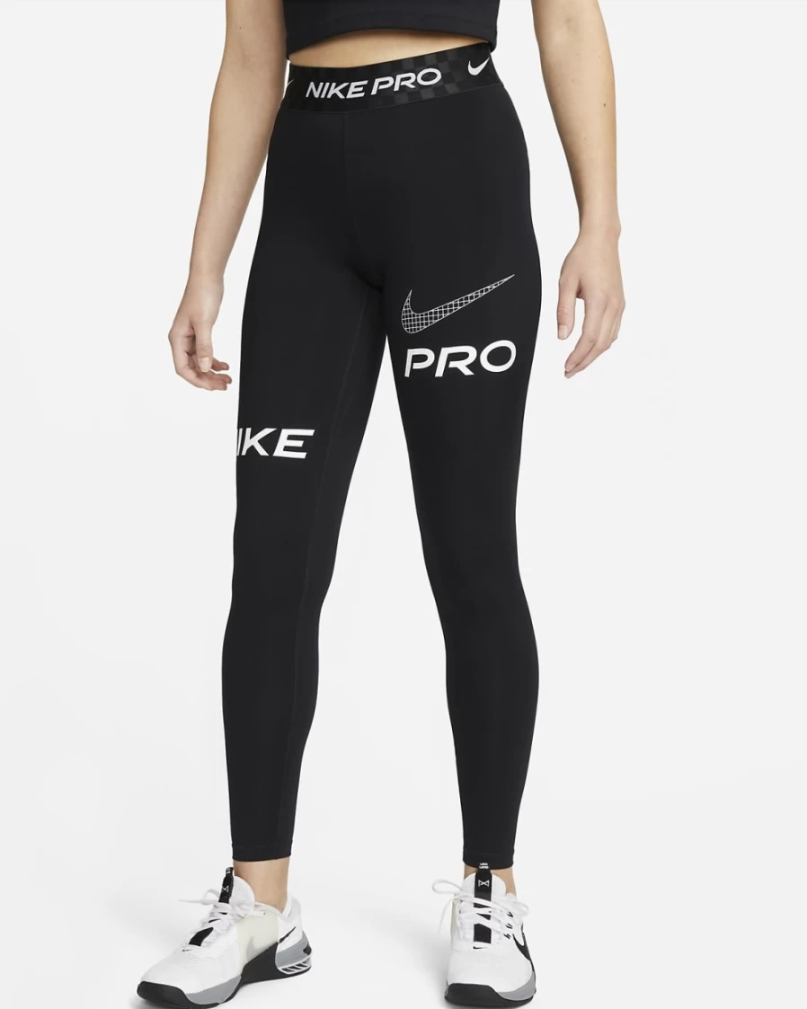 Nike Pro Women's Black/Anthracite/White Mid-Rise Graphic Training Leggings - Full-Length Workout Tights