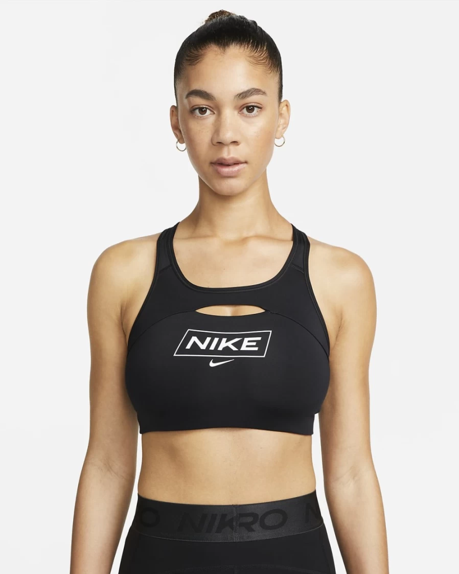 Nike Pro Swoosh Women's Medium-Support Sports Bra - Black/Dark Smoke Grey/White Non-Padded Graphic Design