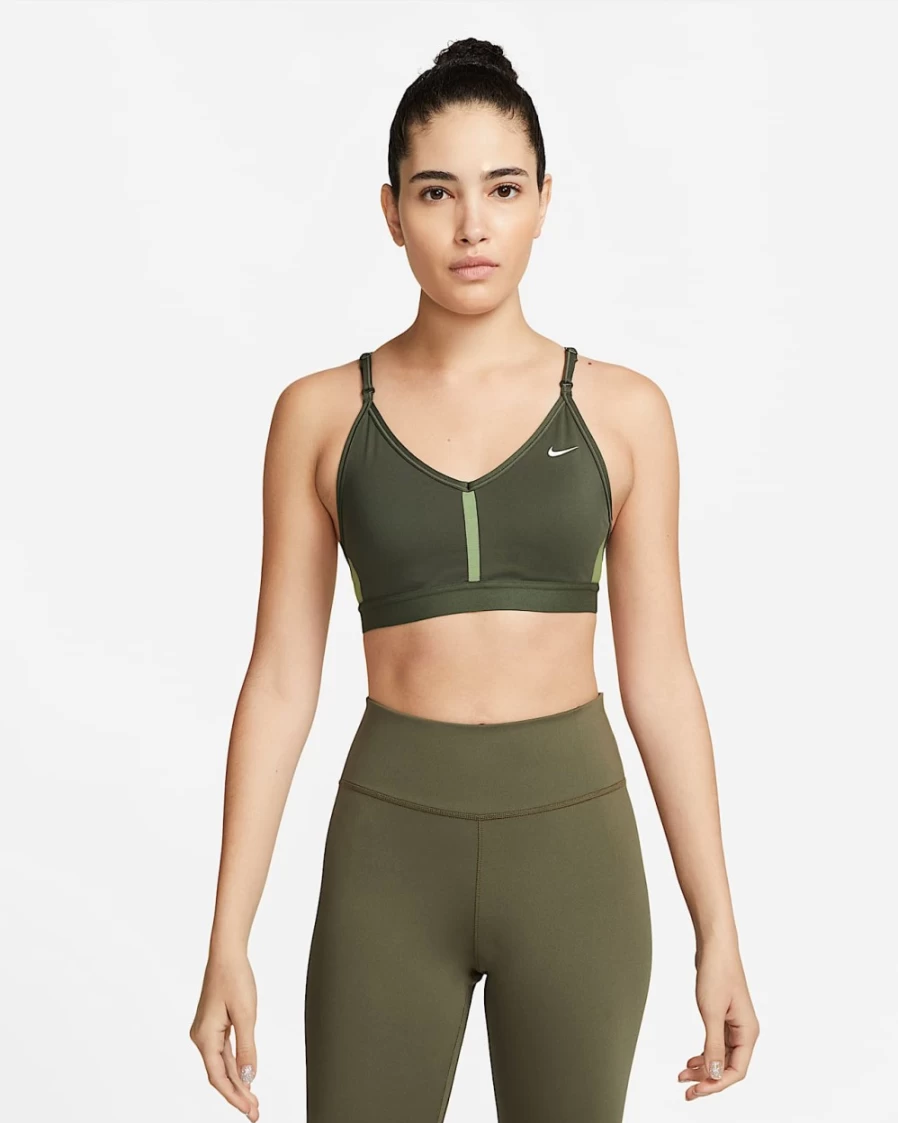 Nike Indy Women's Light-Support Padded V-Neck Sports Bra - Cargo Khaki/Alligator/White