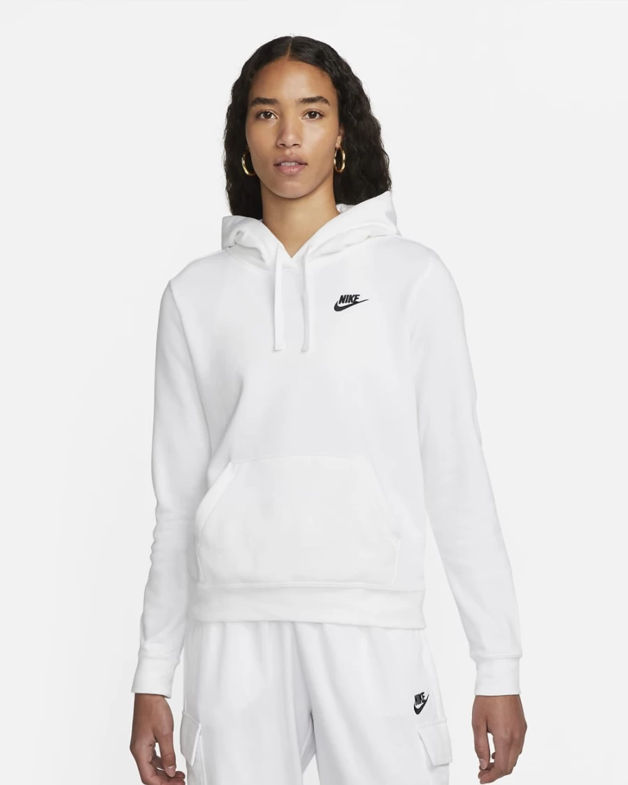 Nike Women's White and Black Club Fleece Pullover Hoodie - Sportswear Comfort & Style
