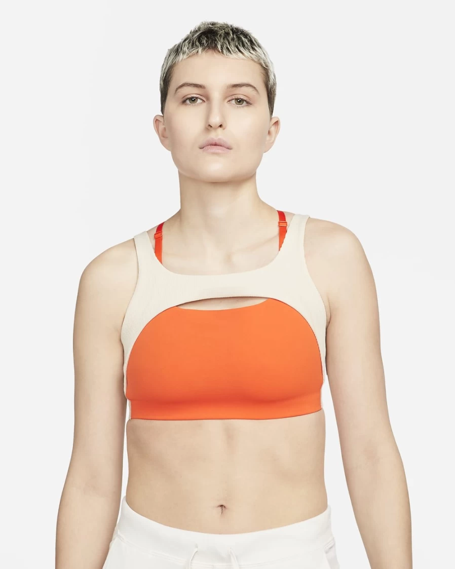 Nike Women's Yoga Indy Light-Support Sports Bra - Rush Orange/Sanddrift/Iron Grey, Lightly Lined Ribbed Design