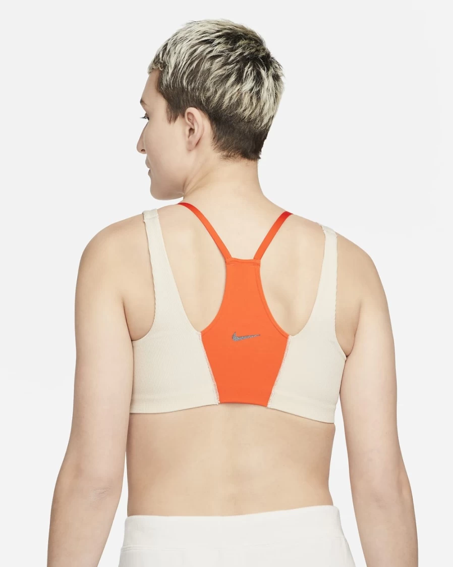 Nike Women's Yoga Indy Light-Support Sports Bra - Rush Orange/Sanddrift/Iron Grey, Lightly Lined Ribbed Design
