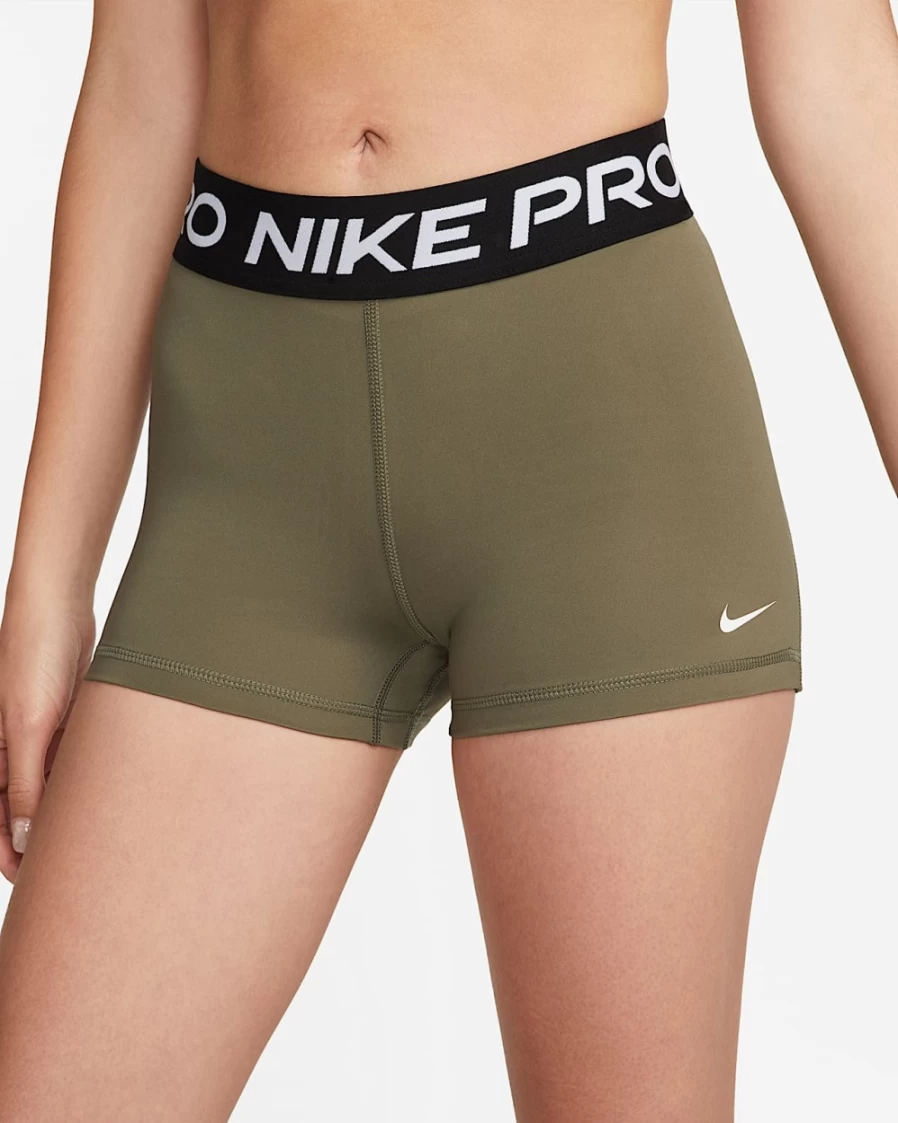 Nike Pro Women's 3" Shorts - Medium Olive, Black, White - High-Performance Workout Shorts