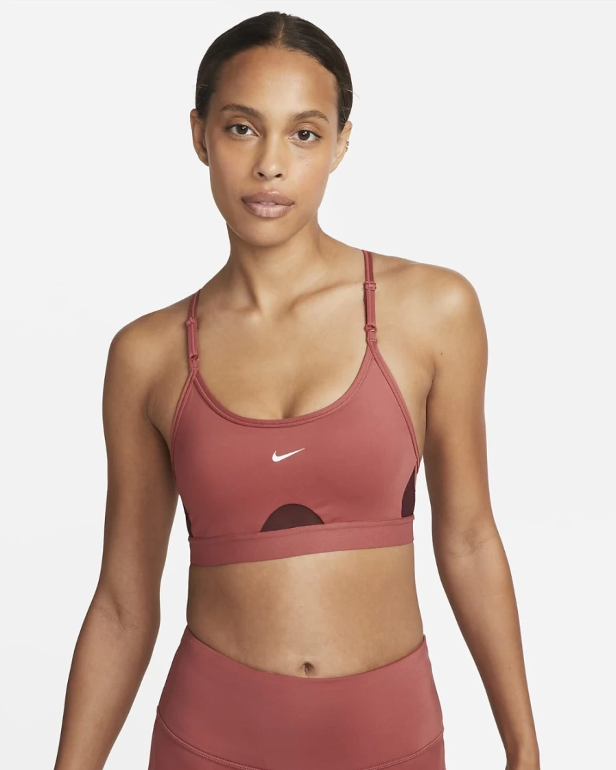 Nike Indy Women's Light-Support Sports Bra - Canyon Rust/Burgundy Crush/White Padded U-Neck Workout Top