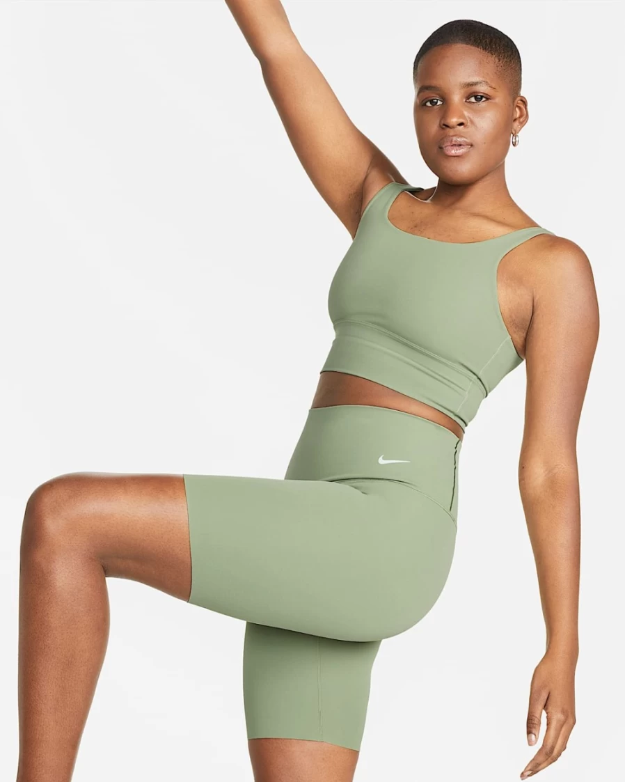 Nike Women's Zenvy Gentle-Support High-Waisted 8" Biker Shorts in Oil Green & Black