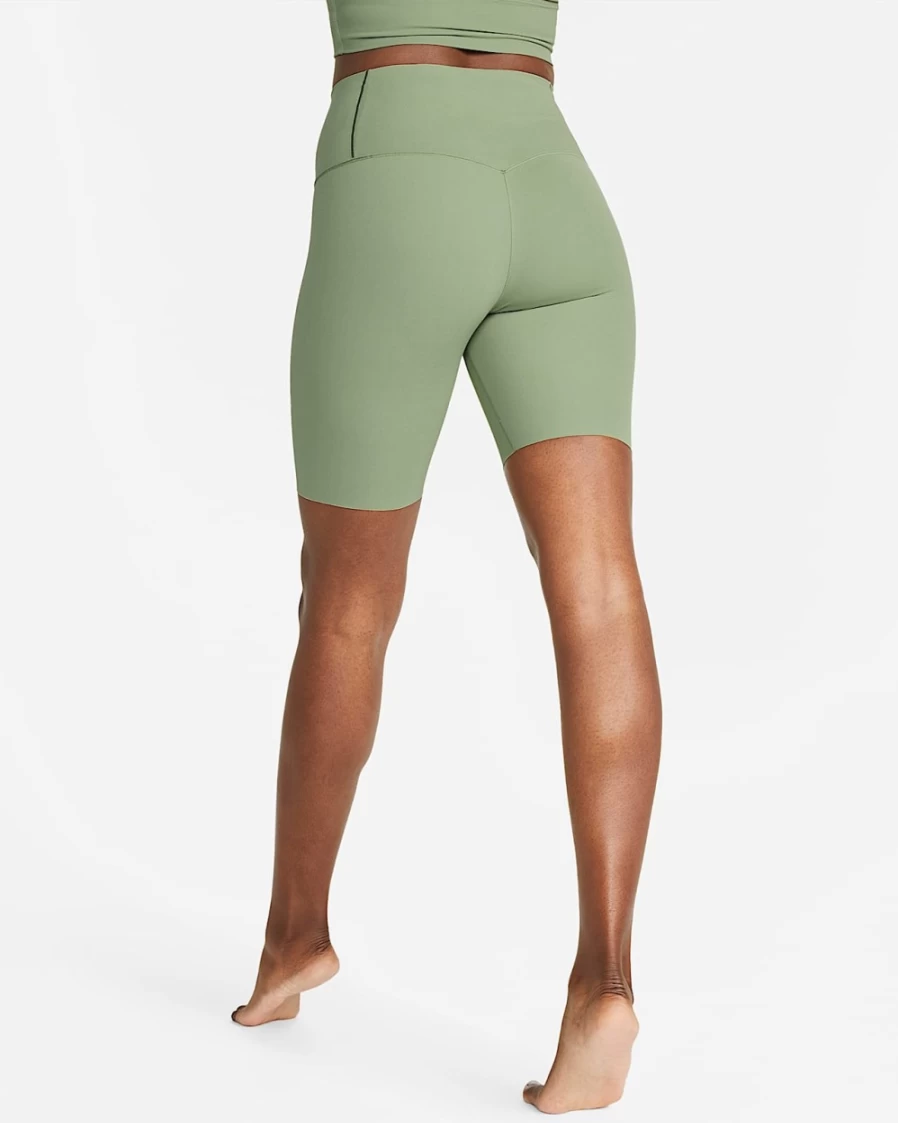 Nike Women's Zenvy Gentle-Support High-Waisted 8" Biker Shorts in Oil Green & Black