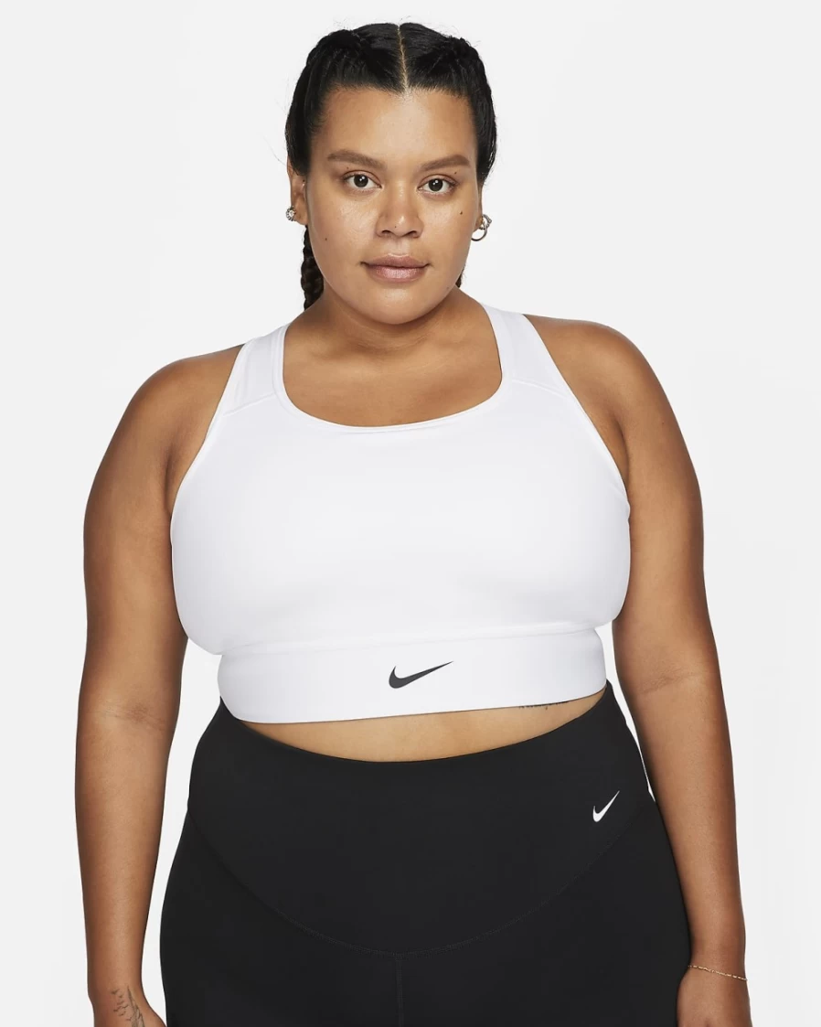 Nike Women's Medium-Support Longline Sports Bra with Padded Swoosh Design - Plus Size White/Black