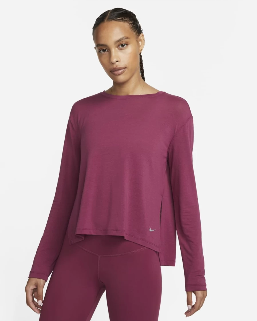 Nike Women's Yoga Dri-FIT Long-Sleeve Top in Rosewood/Particle Grey - Moisture-Wicking Workout Shirt