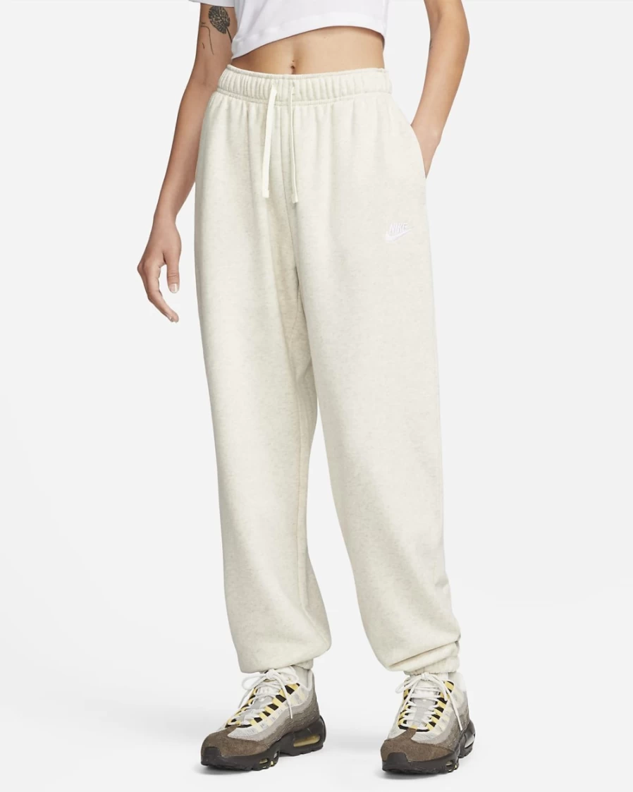 Nike Women's Oversized Club Fleece Sweatpants in Oatmeal Heather/White - Mid-Rise Comfort Fit