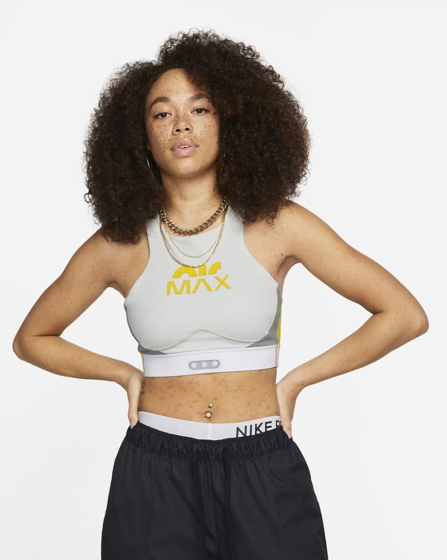 Nike Women's Air Max Swoosh Medium-Support Lightly Lined Cutout Sports Bra in Photon Dust/Vivid Sulfur/Particle Grey