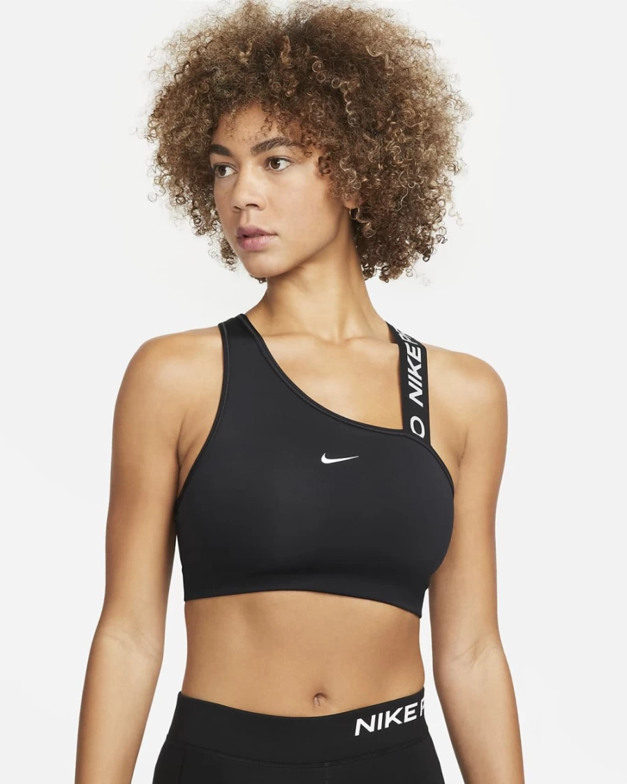 Nike Women's Medium-Support Asymmetrical Sports Bra - Black, Particle Grey, White - Pro Swoosh Design