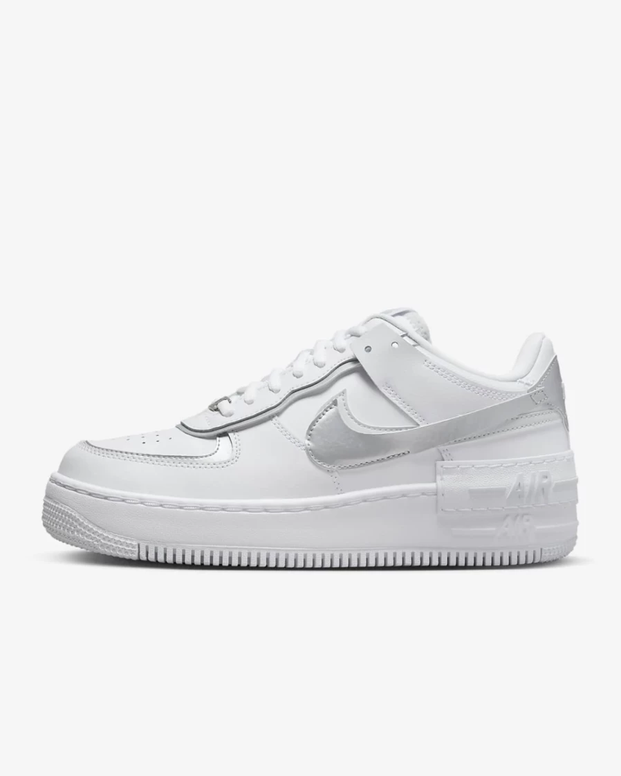Nike Air Force 1 Shadow Women's Sneakers in White, Pure Platinum, Blackened Blue & Metallic Silver