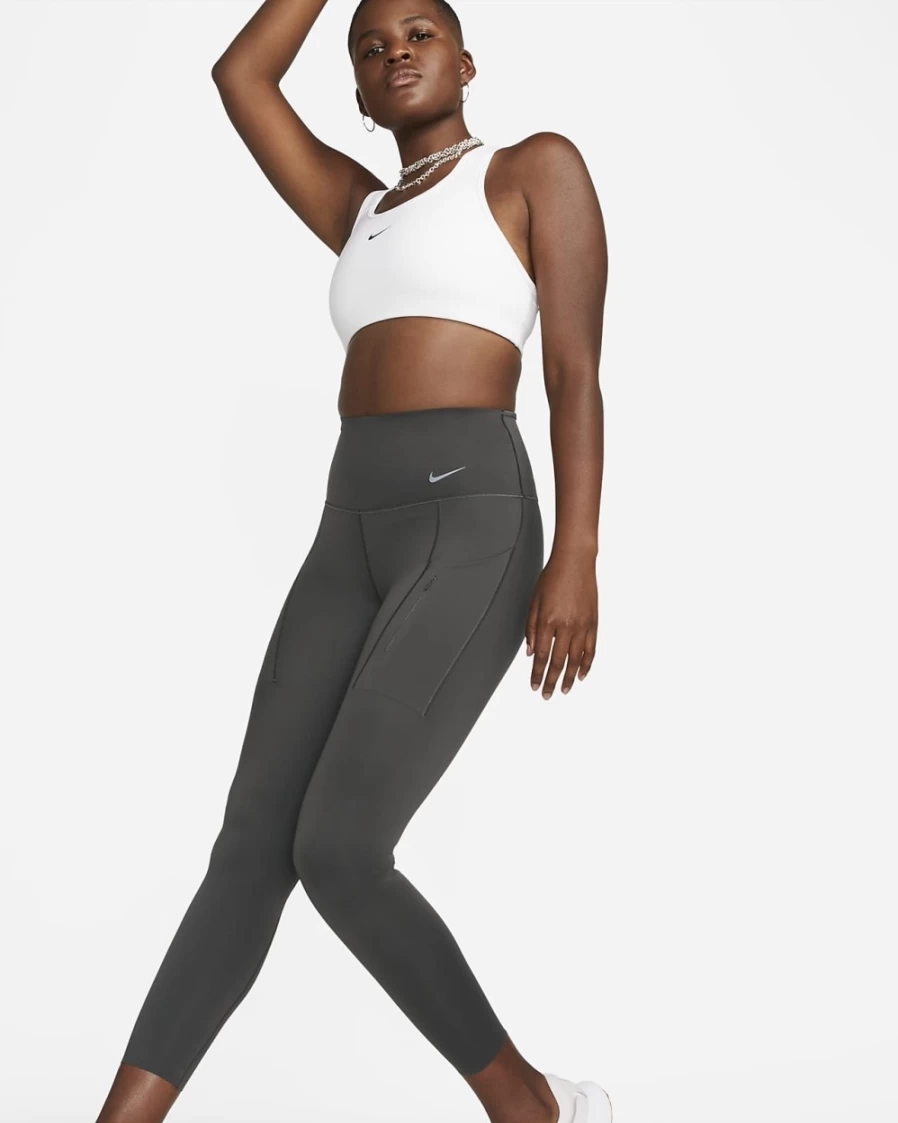 Nike Go Women's High-Waisted 7/8 Leggings with Pockets - Medium Ash/Black - Firm Support Workout Tights