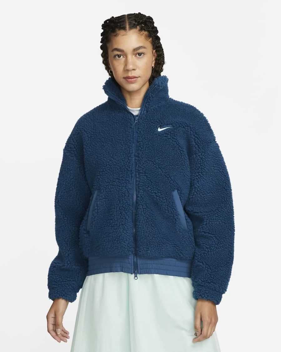 Nike Women's Valerian Blue & Mint Foam Plush Jacket with Swoosh - Sportswear Cozy Outerwear