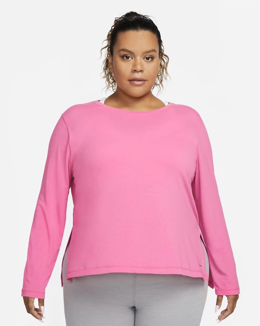 Nike Dri-FIT Yoga Long-Sleeve Top for Women - Plus Size in Pinksicle & Particle Grey