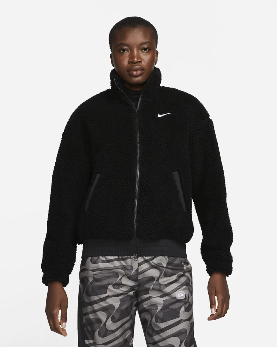 Nike Women's Black & White Plush Jacket with Swoosh - Sportswear Cozy Fleece Outerwear