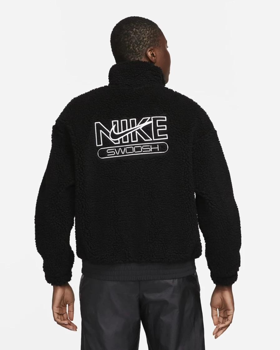 Nike Women's Black & White Plush Jacket with Swoosh - Sportswear Cozy Fleece Outerwear