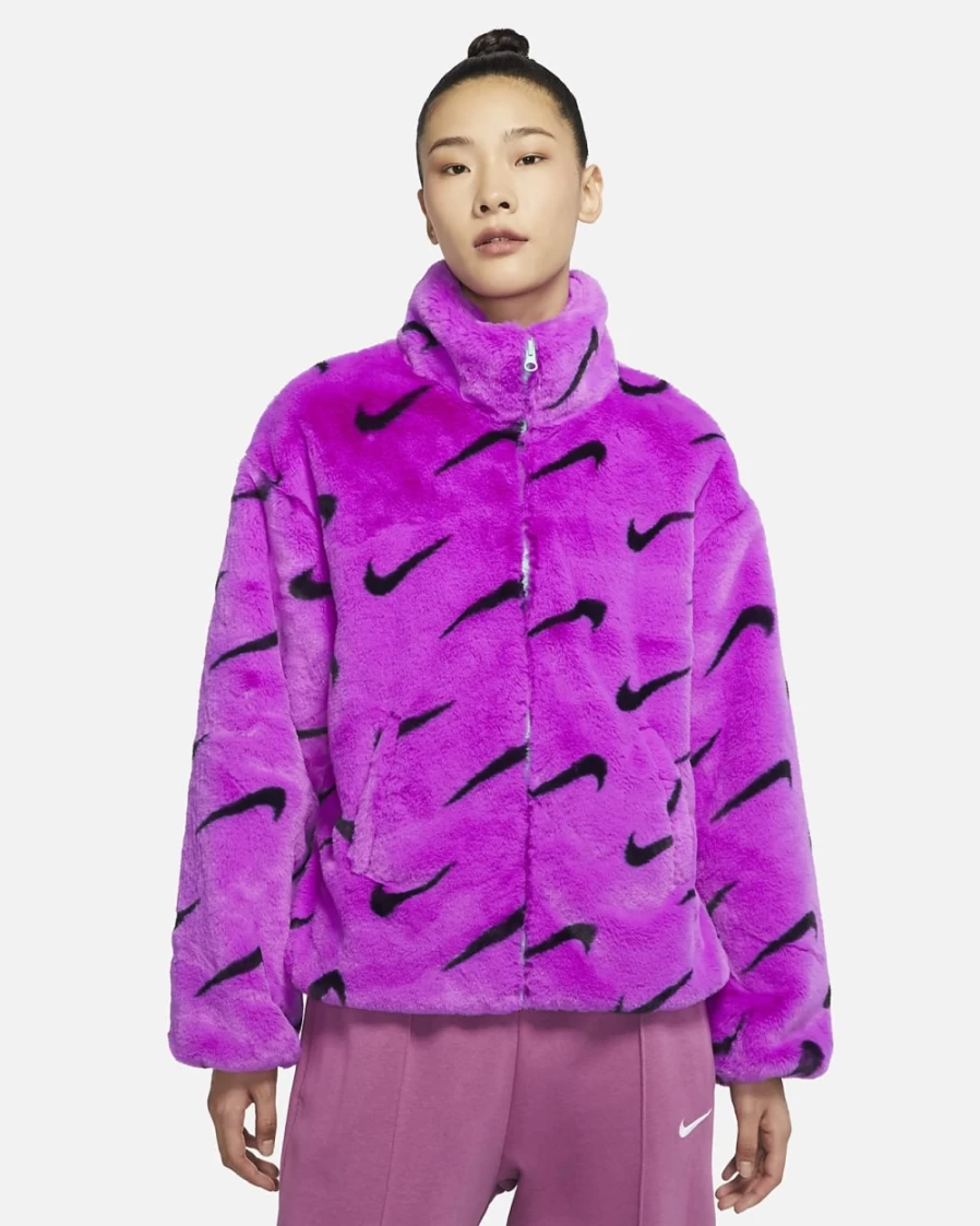 Nike Women's Vivid Purple Plush Faux Fur Jacket with Black & Green Glow Print - Sportswear Cozy Outerwear