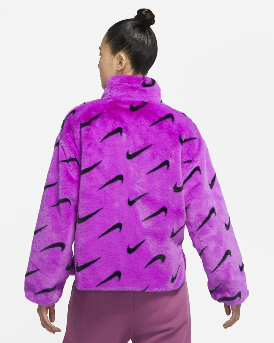 Nike Women's Vivid Purple Plush Faux Fur Jacket with Black & Green Glow Print - Sportswear Cozy Outerwear
