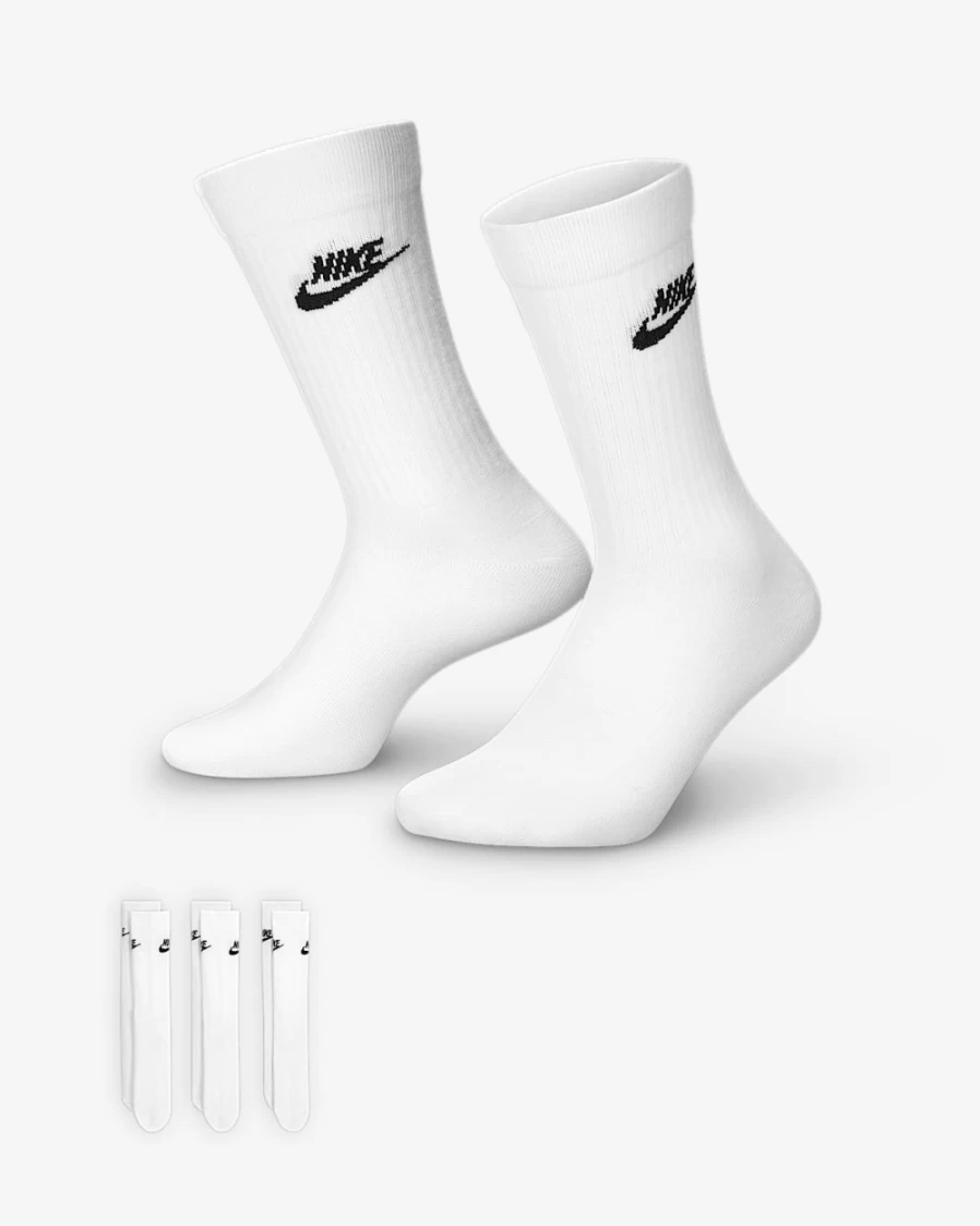 Nike Everyday Essential Crew Socks 3-Pack for Men & Women - White/Black Athletic Socks