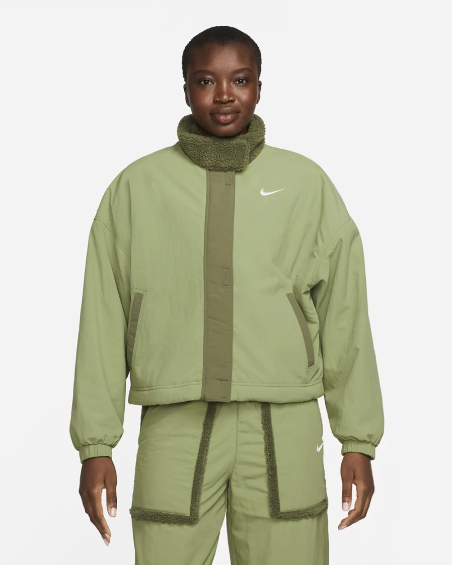 Nike Women's Alligator/Medium Olive/White Fleece-Lined Woven Jacket - Sportswear Essential Outerwear