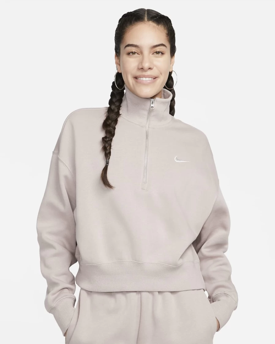 Nike Women's Diffused Taupe Oversized 1/2-Zip Crop Sweatshirt | Phoenix Fleece Pullover | Sail Accents