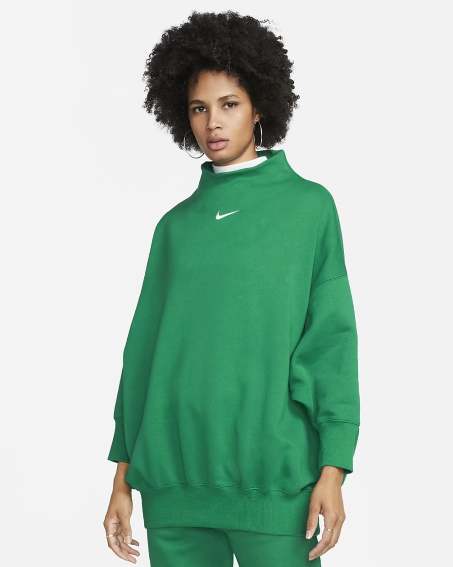 Nike Women's Malachite/Sail Phoenix Fleece Oversized Mock Neck 3/4 Sleeve Sweatshirt