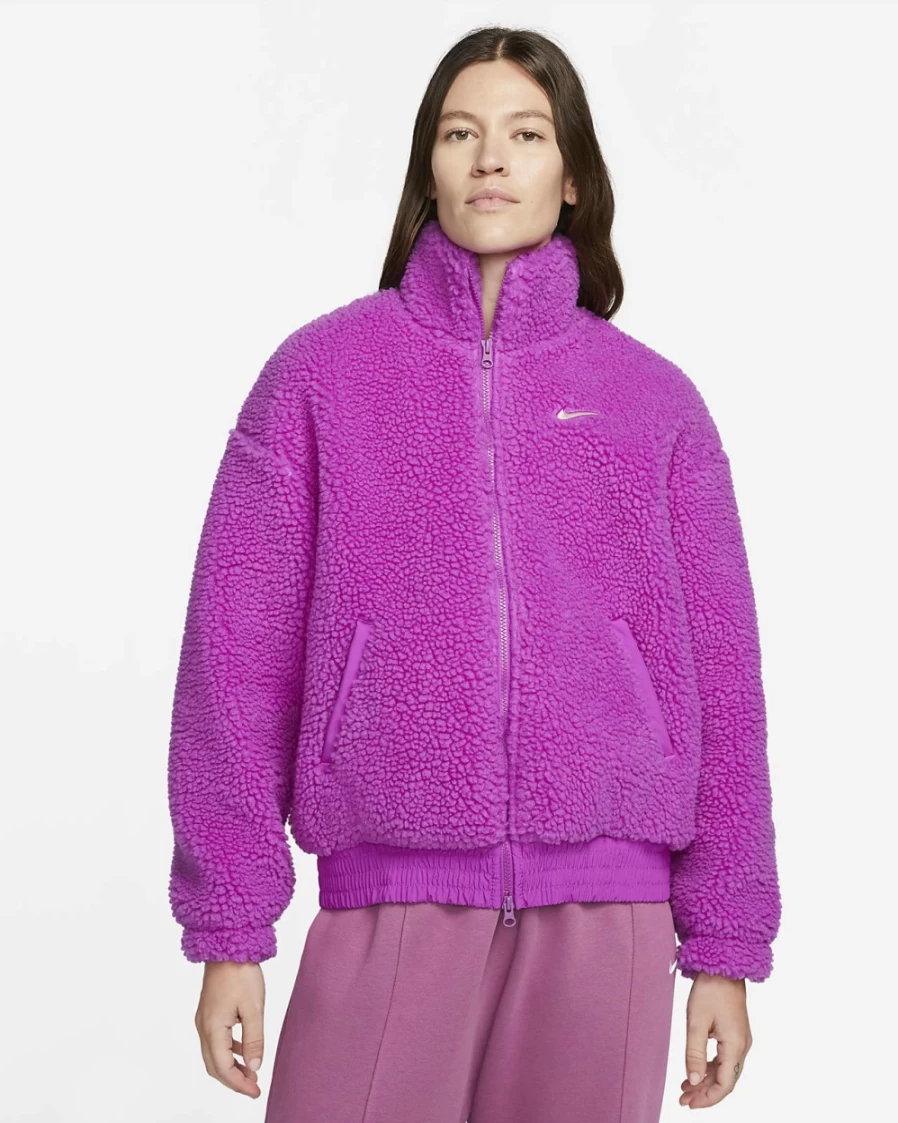 Nike Women's Vivid Purple Pink Oxford Plush Swoosh Jacket - Sportswear Hooded Fleece