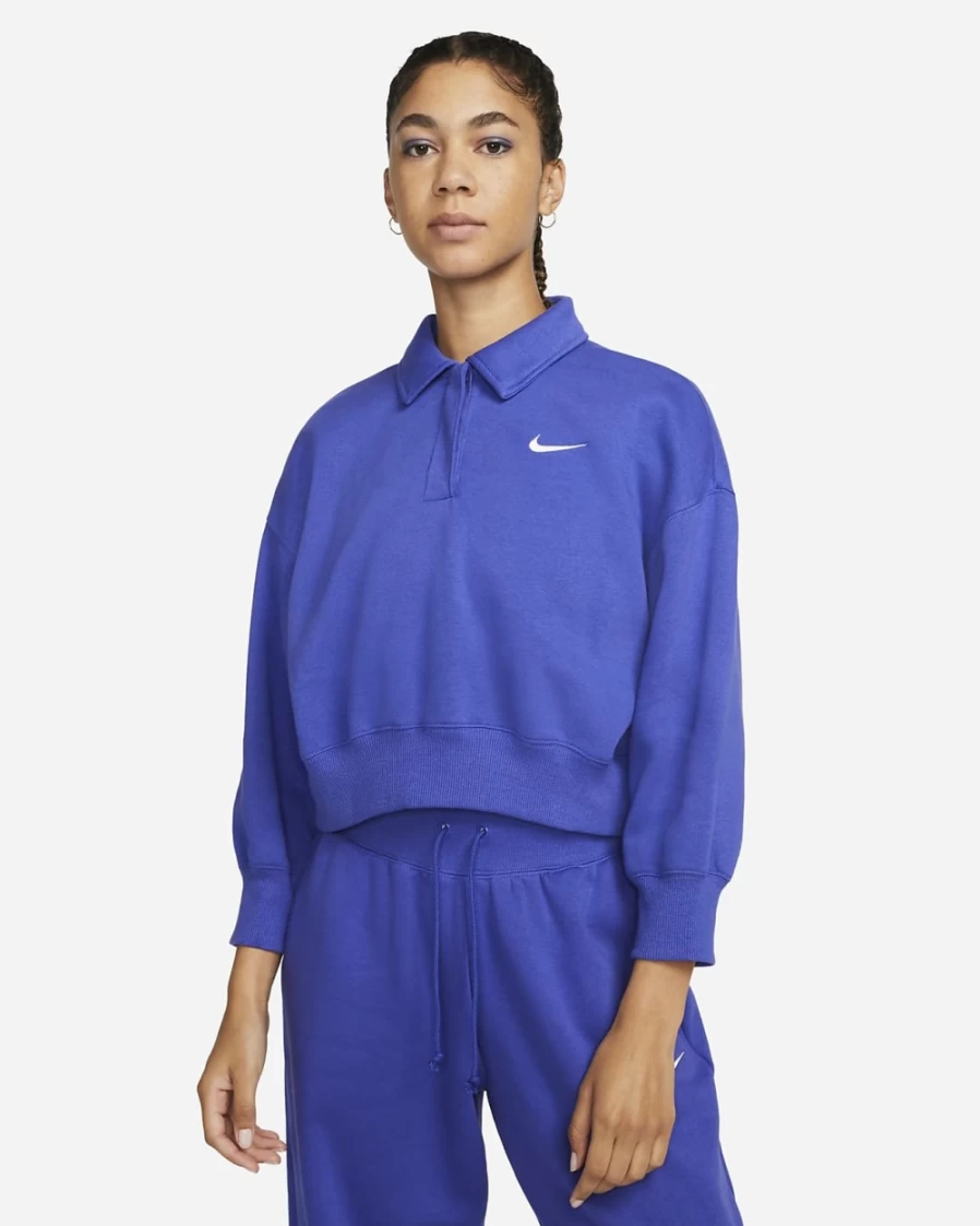 Nike Women's Lapis/Sail Phoenix Fleece 3/4-Sleeve Crop Polo Sweatshirt | Sportswear Collection