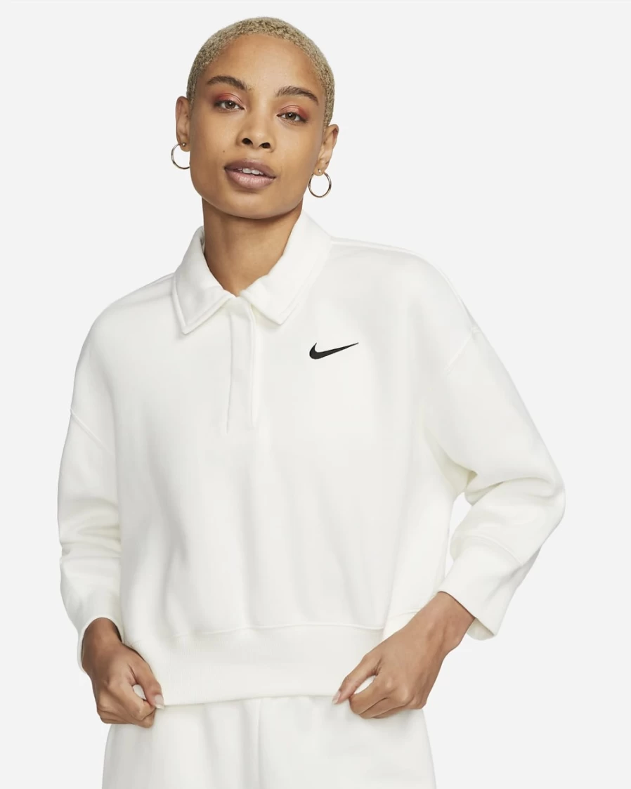 Nike Women's Sail/Black Phoenix Fleece 3/4-Sleeve Crop Polo Sweatshirt - Sportswear Top